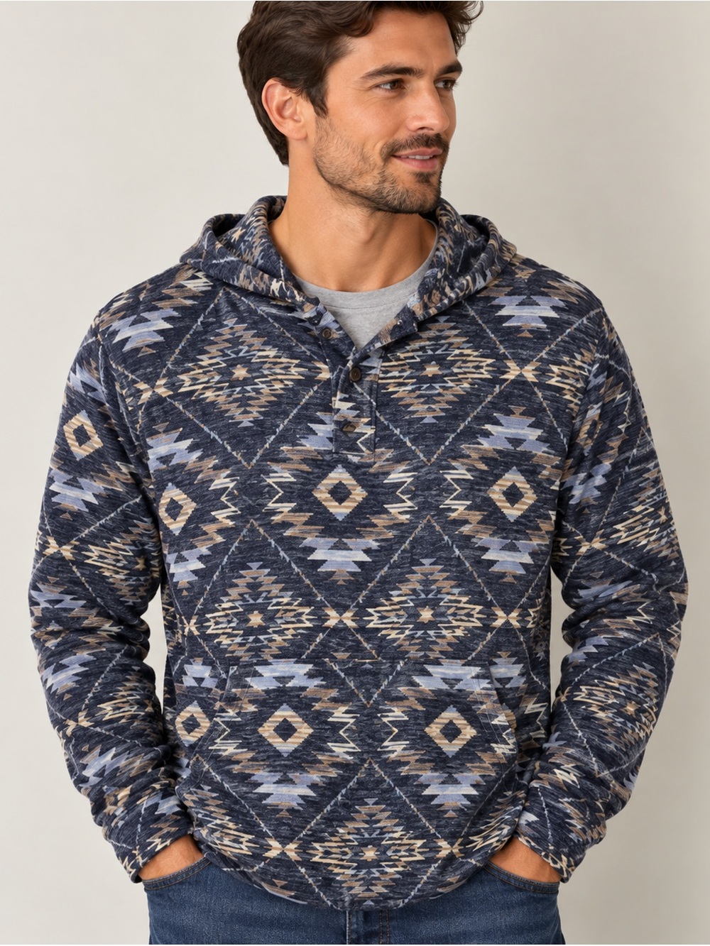 Faherty Men's Large Blue Aztec Southwestern Print Hooded Pullover Jacket